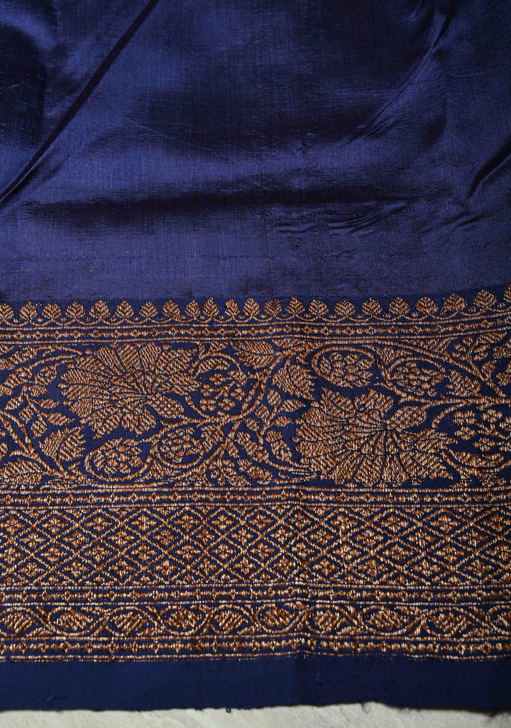Kora Color Banarasi Tussar Silk Saree with Antique Zari Buttas and Navy Blue Zari Border | SILK MARK CERTIFIED