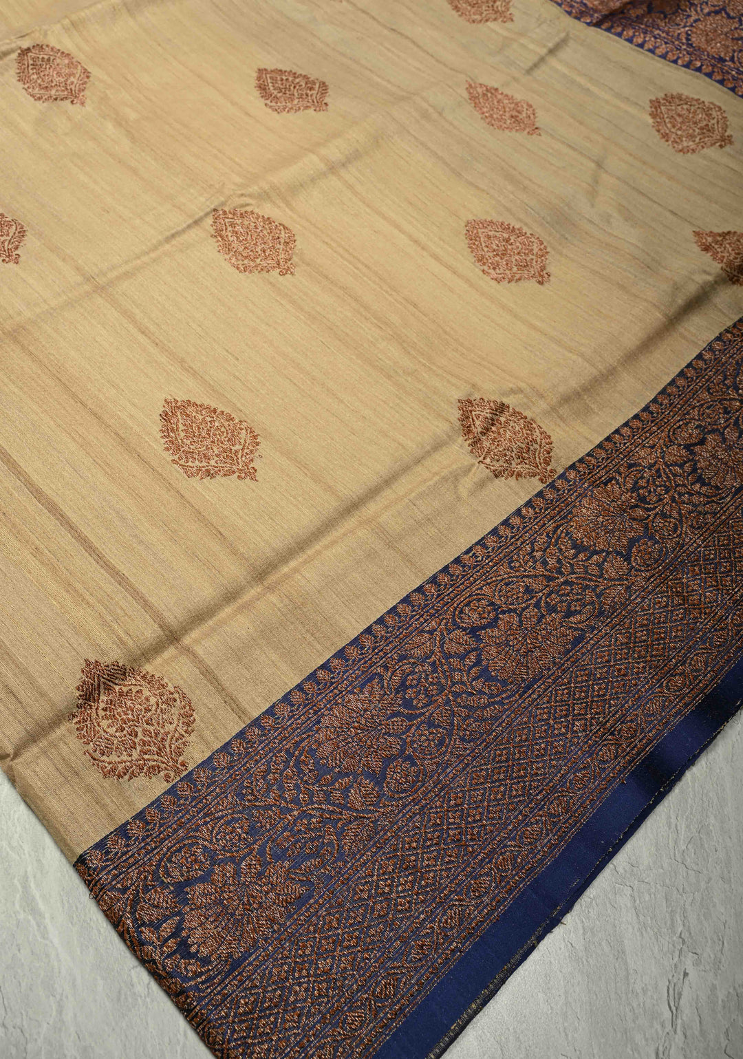 Kora Color Banarasi Tussar Silk Saree with Antique Zari Buttas and Navy Blue Zari Border | SILK MARK CERTIFIED
