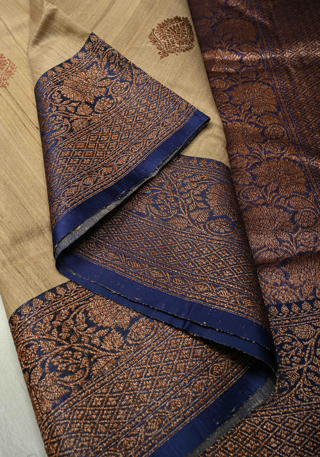 Kora Color Banarasi Tussar Silk Saree with Antique Zari Buttas and Navy Blue Zari Border | SILK MARK CERTIFIED