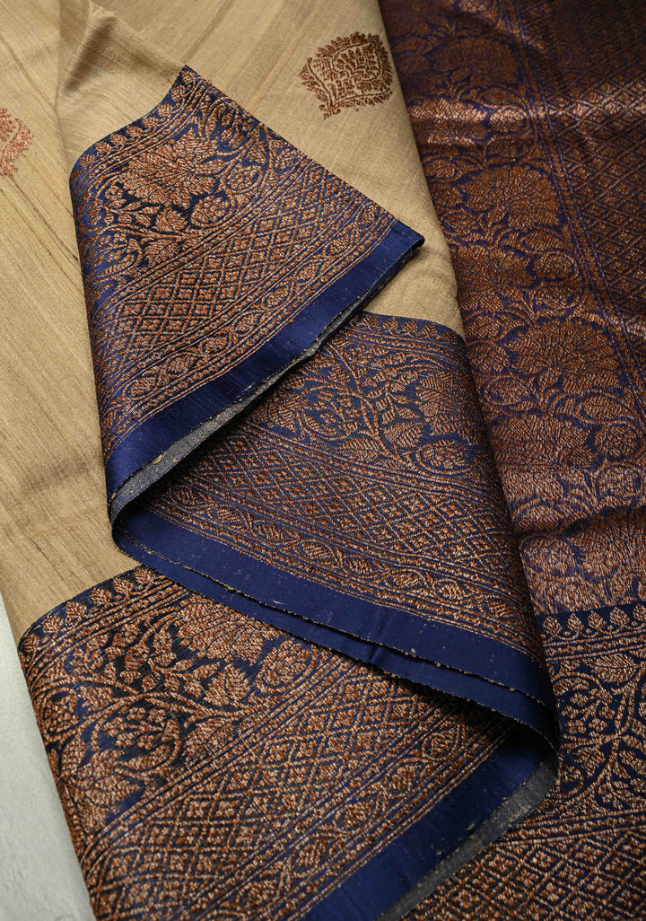 Kora Color Banarasi Tussar Silk Saree with Antique Zari Buttas and Navy Blue Zari Border | SILK MARK CERTIFIED