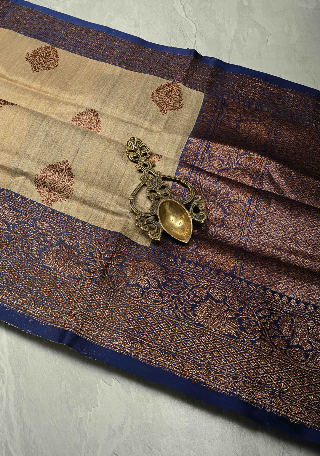 Kora Color Banarasi Tussar Silk Saree with Antique Zari Buttas and Navy Blue Zari Border | SILK MARK CERTIFIED