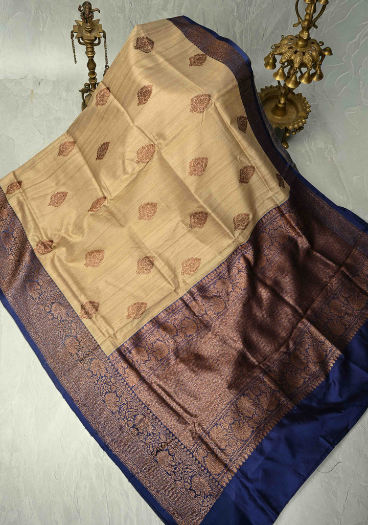 Kora Color Banarasi Tussar Silk Saree with Antique Zari Buttas and Navy Blue Zari Border | SILK MARK CERTIFIED
