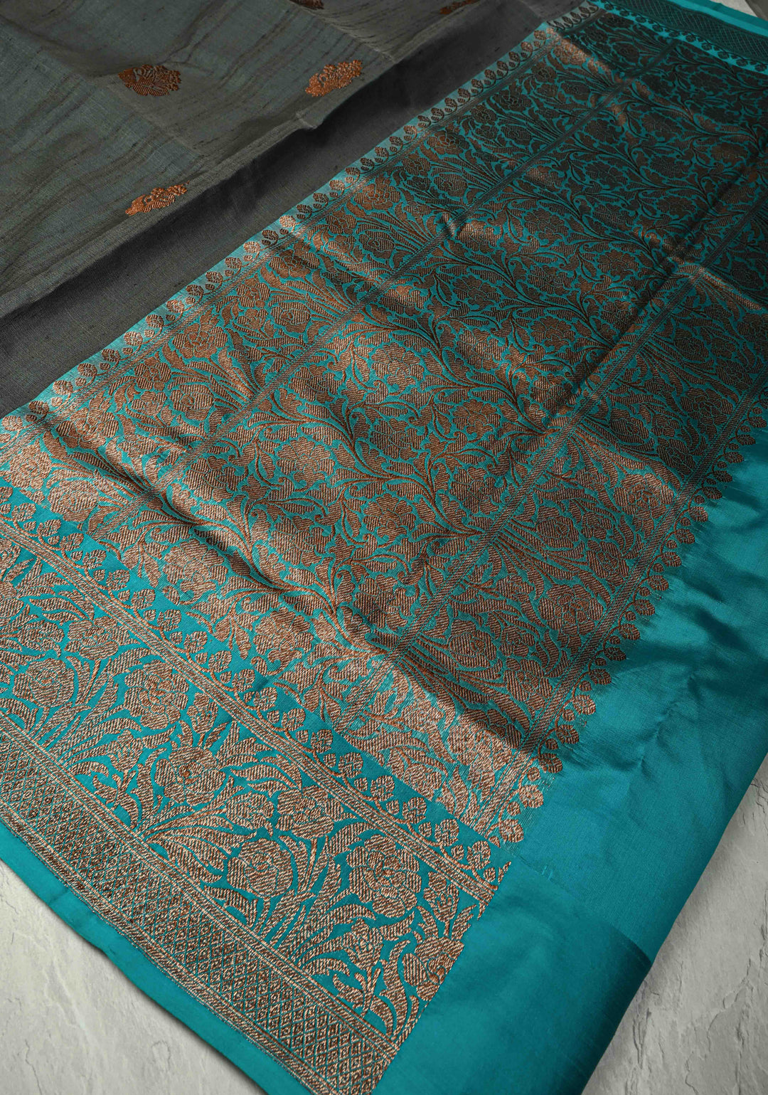 Slate Gray Banarasi Tussar Silk Saree with Antique Zari Buttas and Contrast Zari Border | SILK MARK CERTIFIED