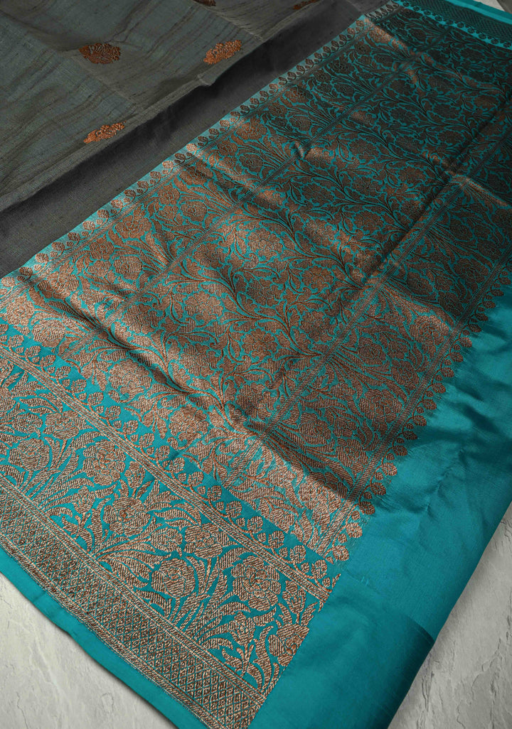 Slate Gray Banarasi Tussar Silk Saree with Antique Zari Buttas and Contrast Zari Border | SILK MARK CERTIFIED