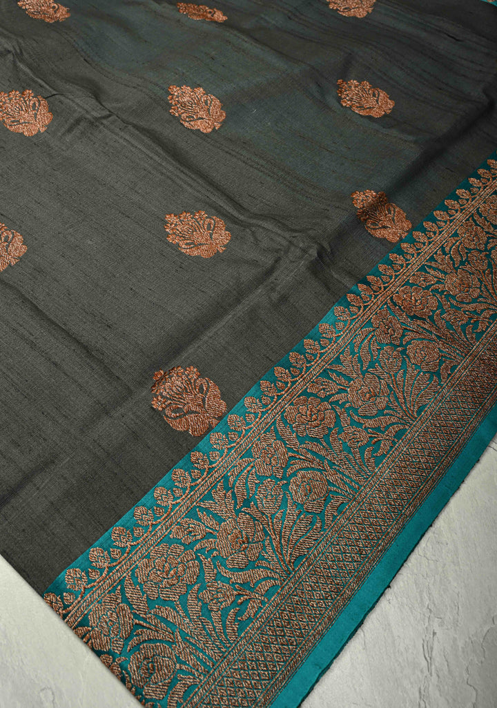 Slate Gray Banarasi Tussar Silk Saree with Antique Zari Buttas and Contrast Zari Border | SILK MARK CERTIFIED