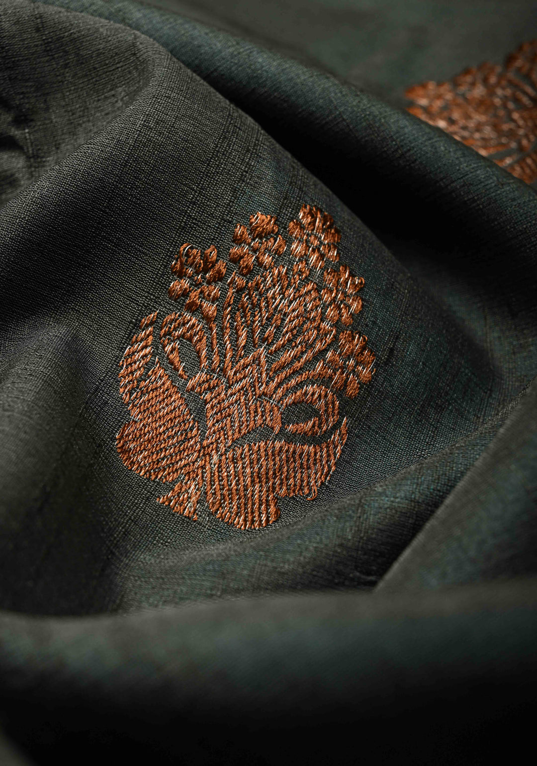 Slate Gray Banarasi Tussar Silk Saree with Antique Zari Buttas and Contrast Zari Border | SILK MARK CERTIFIED