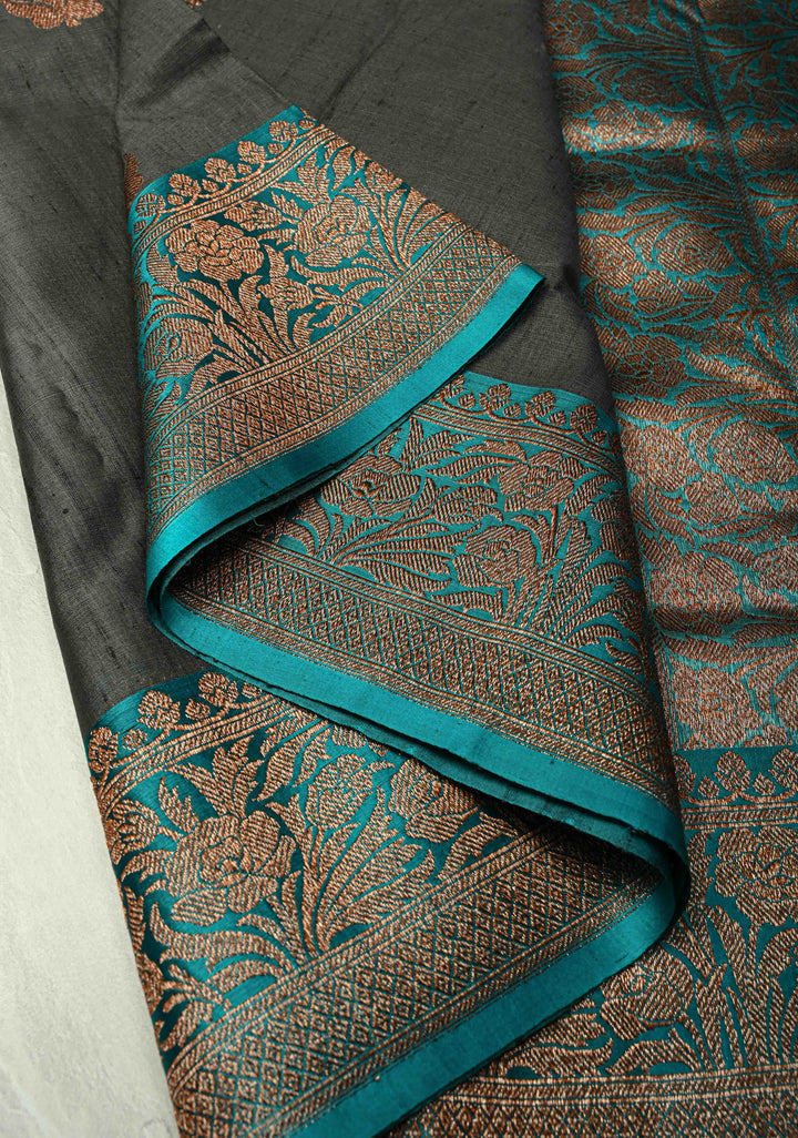 Slate Gray Banarasi Tussar Silk Saree with Antique Zari Buttas and Contrast Zari Border | SILK MARK CERTIFIED