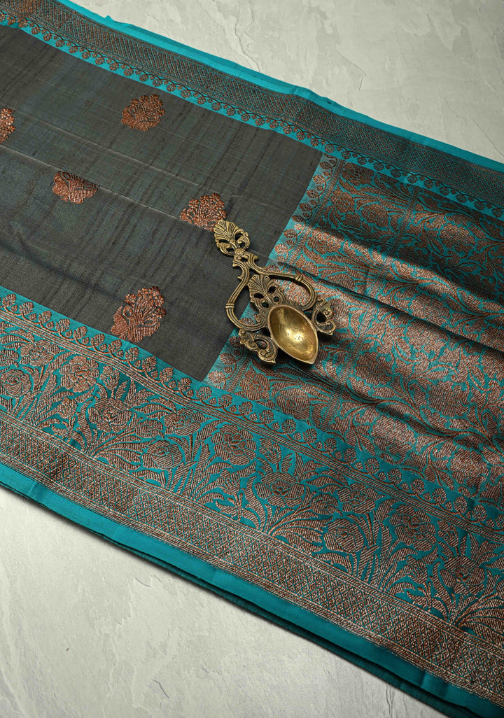 Slate Gray Banarasi Tussar Silk Saree with Antique Zari Buttas and Contrast Zari Border | SILK MARK CERTIFIED