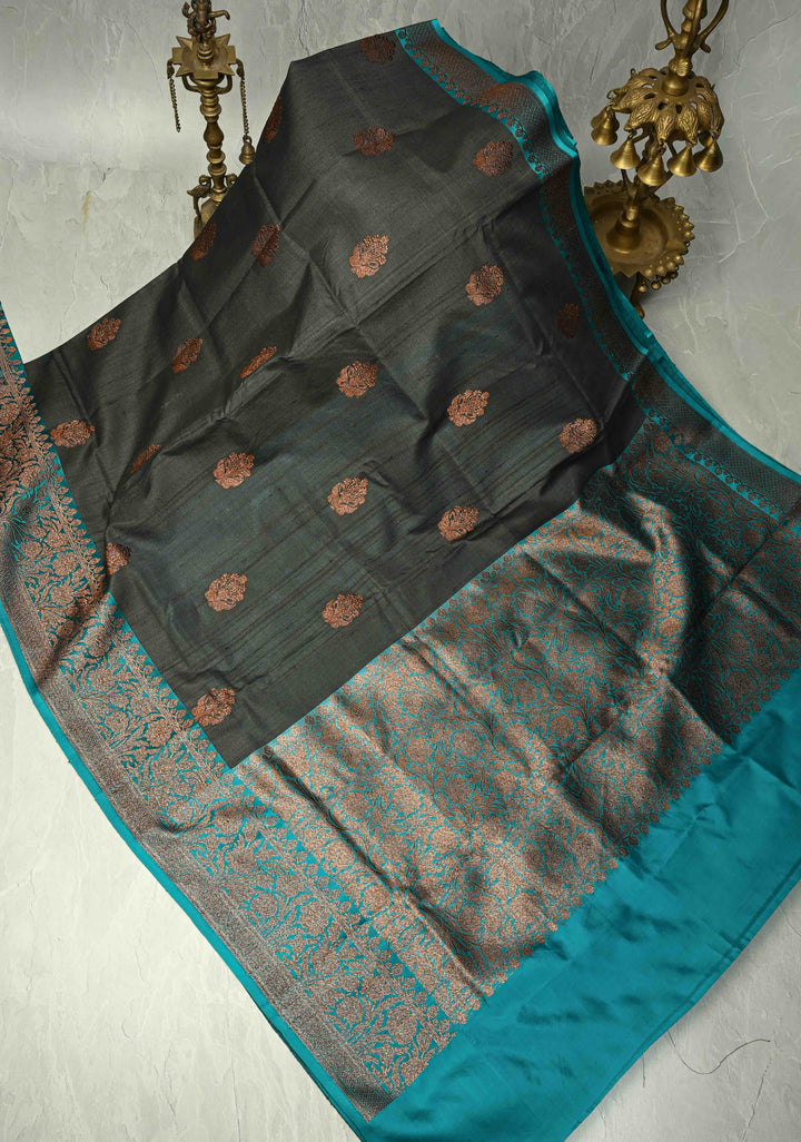 Slate Gray Banarasi Tussar Silk Saree with Antique Zari Buttas and Contrast Zari Border | SILK MARK CERTIFIED