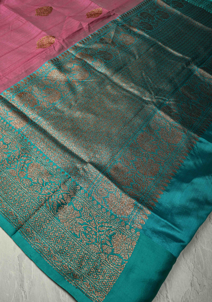 Onion Pink Banarasi Tussar Silk Saree with Antique Zari Buttas and Contrast Zari Border | SILK MARK CERTIFIED