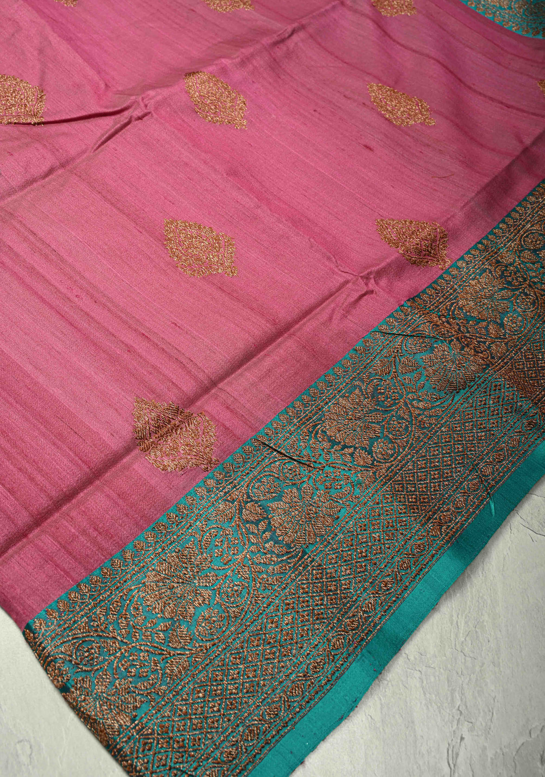 Onion Pink Banarasi Tussar Silk Saree with Antique Zari Buttas and Contrast Zari Border | SILK MARK CERTIFIED