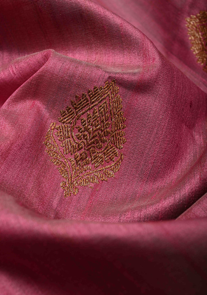 Onion Pink Banarasi Tussar Silk Saree with Antique Zari Buttas and Contrast Zari Border | SILK MARK CERTIFIED