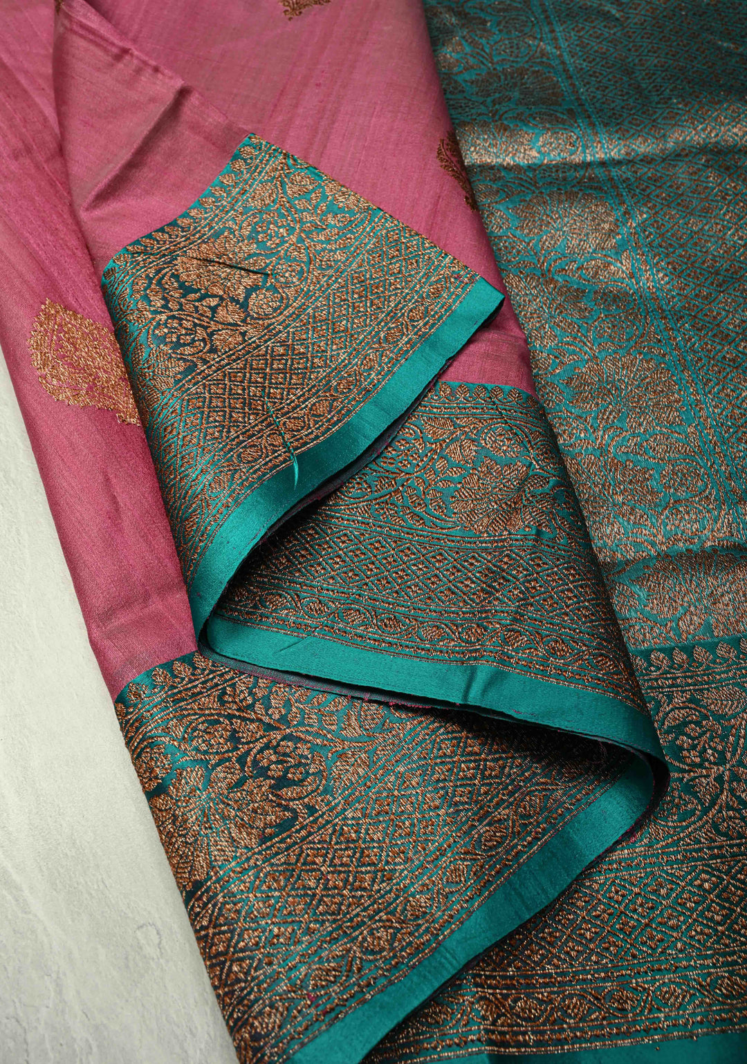 Onion Pink Banarasi Tussar Silk Saree with Antique Zari Buttas and Contrast Zari Border | SILK MARK CERTIFIED