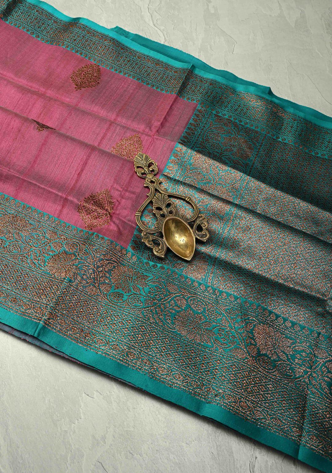 Onion Pink Banarasi Tussar Silk Saree with Antique Zari Buttas and Contrast Zari Border | SILK MARK CERTIFIED