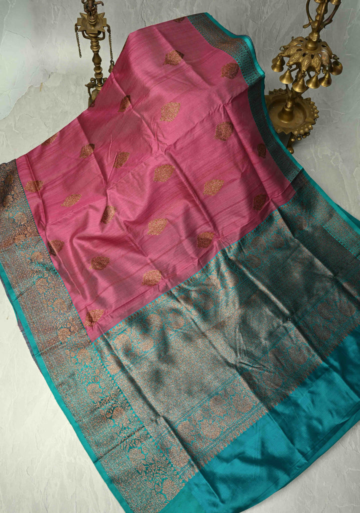 Onion Pink Banarasi Tussar Silk Saree with Antique Zari Buttas and Contrast Zari Border | SILK MARK CERTIFIED
