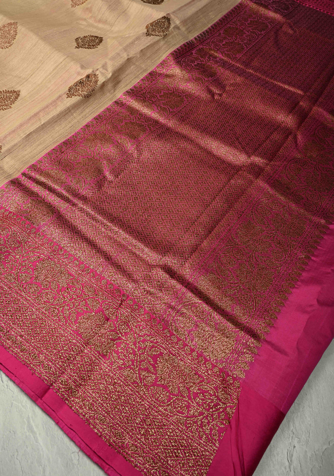 Tan Color Banarasi Tussar Silk Saree with Antique Zari Buttas and Contrast Zari Border | SILK MARK CERTIFIED