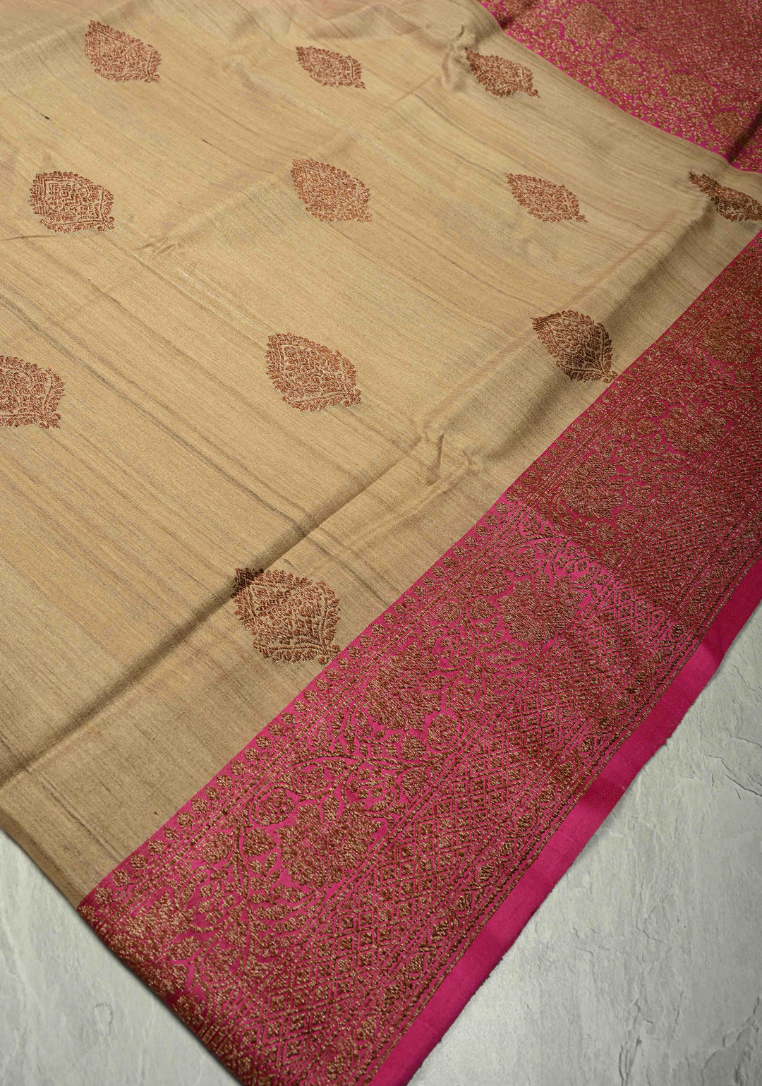 Tan Color Banarasi Tussar Silk Saree with Antique Zari Buttas and Contrast Zari Border | SILK MARK CERTIFIED