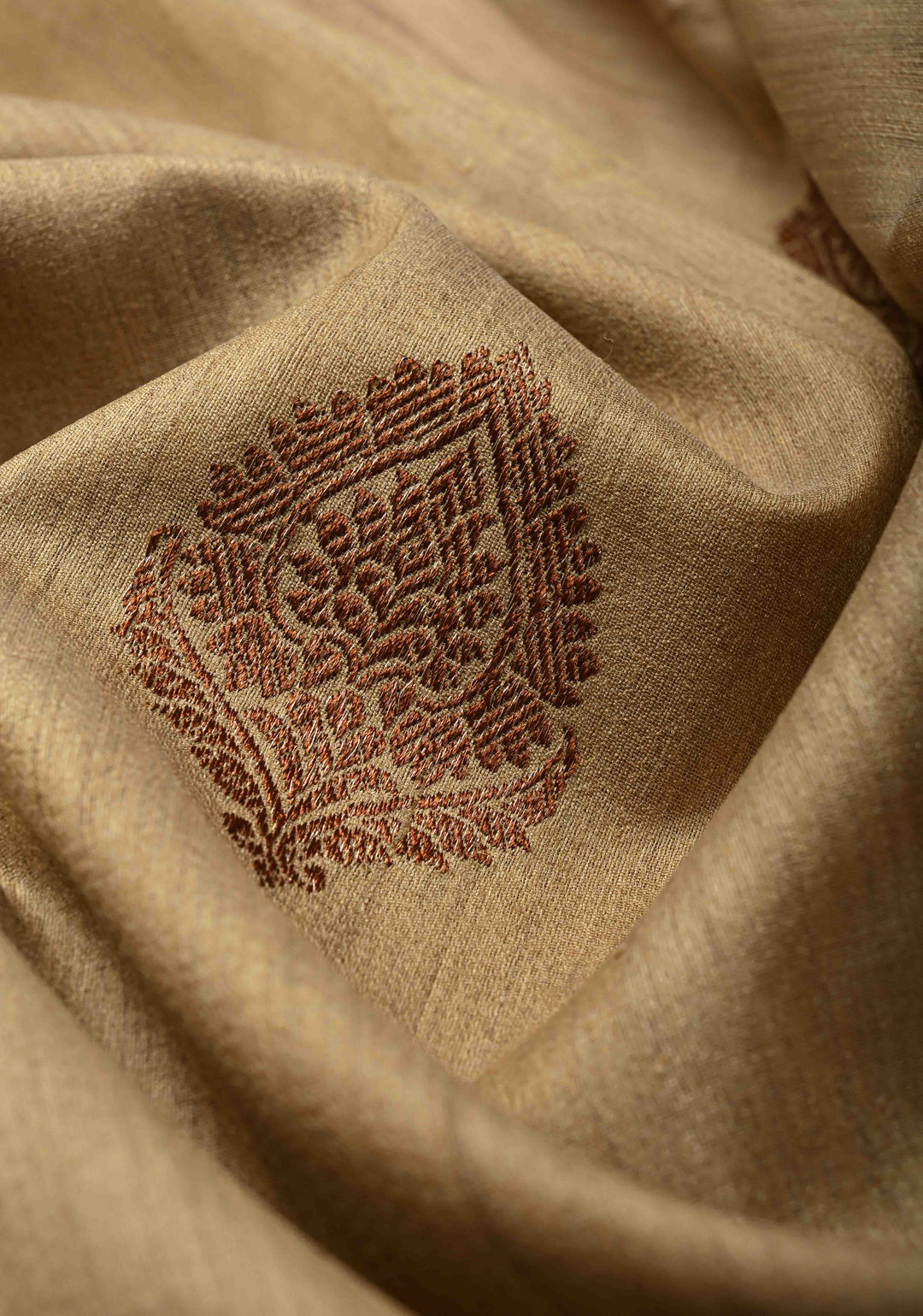 Tan Color Banarasi Tussar Silk Saree with Antique Zari Buttas and Contrast Zari Border | SILK MARK CERTIFIED