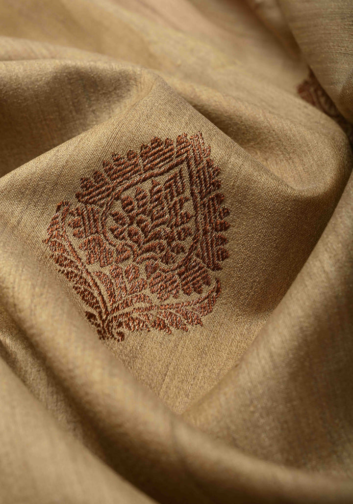 Tan Color Banarasi Tussar Silk Saree with Antique Zari Buttas and Contrast Zari Border | SILK MARK CERTIFIED