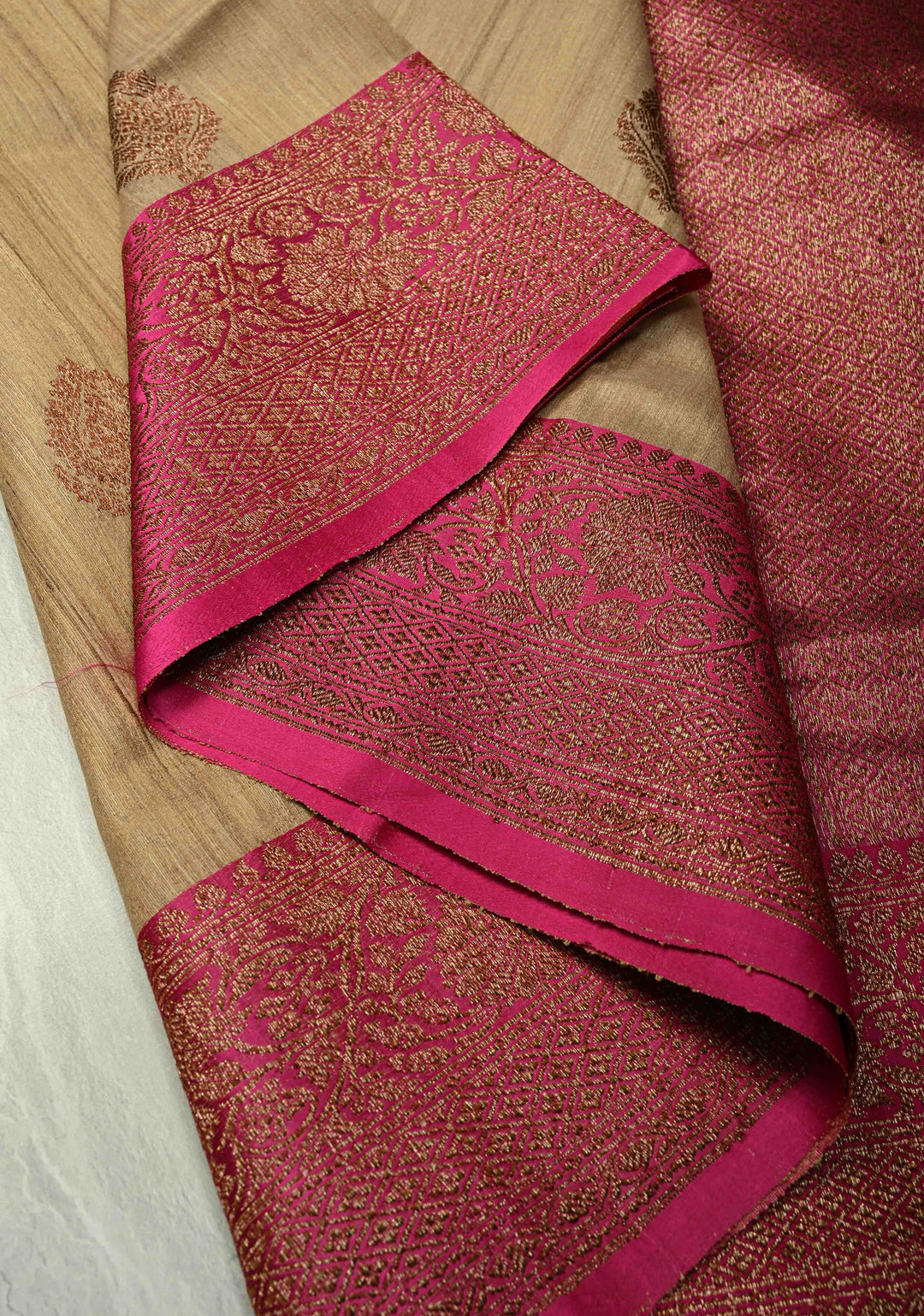 Tan Color Banarasi Tussar Silk Saree with Antique Zari Buttas and Contrast Zari Border | SILK MARK CERTIFIED