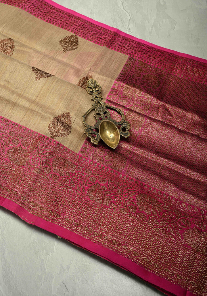 Tan Color Banarasi Tussar Silk Saree with Antique Zari Buttas and Contrast Zari Border | SILK MARK CERTIFIED