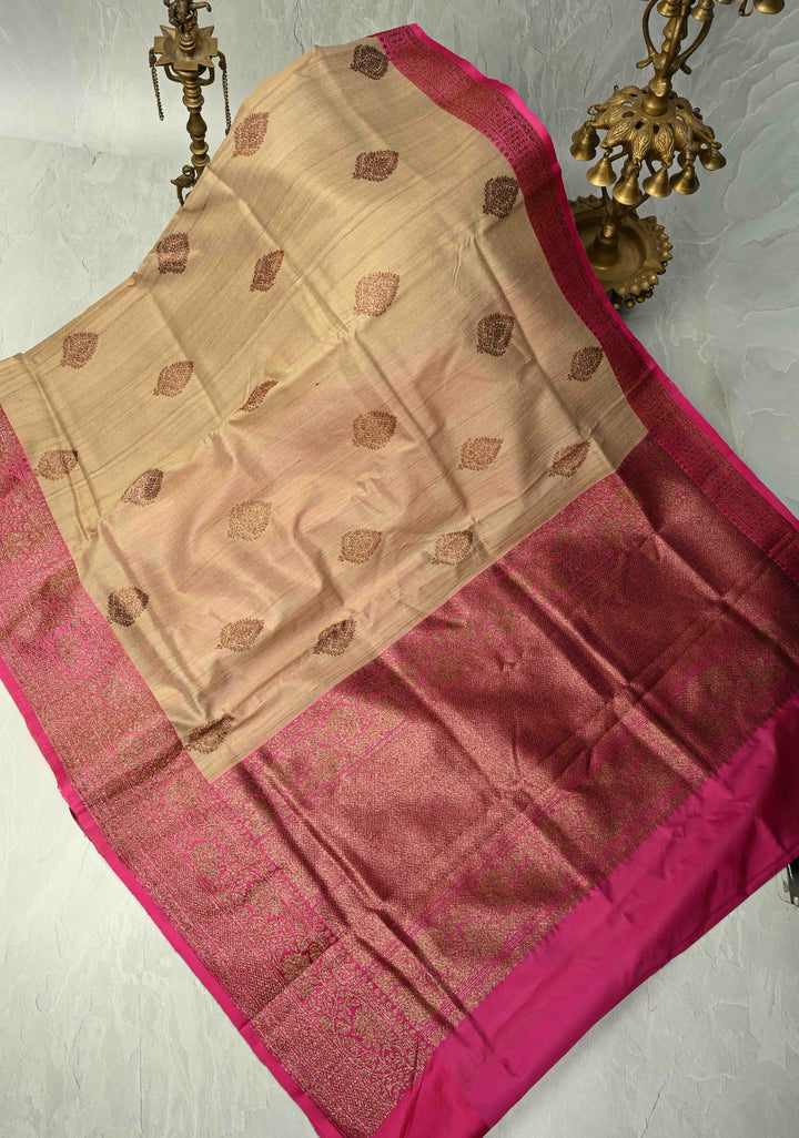 Tan Color Banarasi Tussar Silk Saree with Antique Zari Buttas and Contrast Zari Border | SILK MARK CERTIFIED