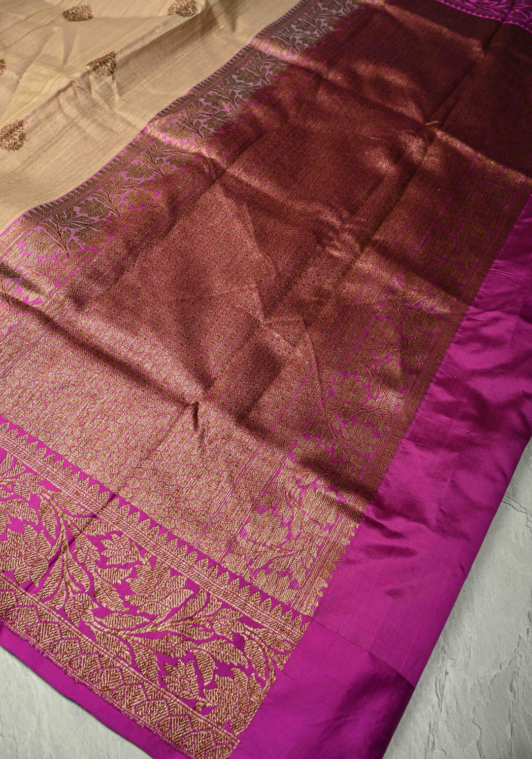 Kora Color Banarasi Tussar Silk Saree with Antique Zari Buttas and Magenta Zari Border | SILK MARK CERTIFIED
