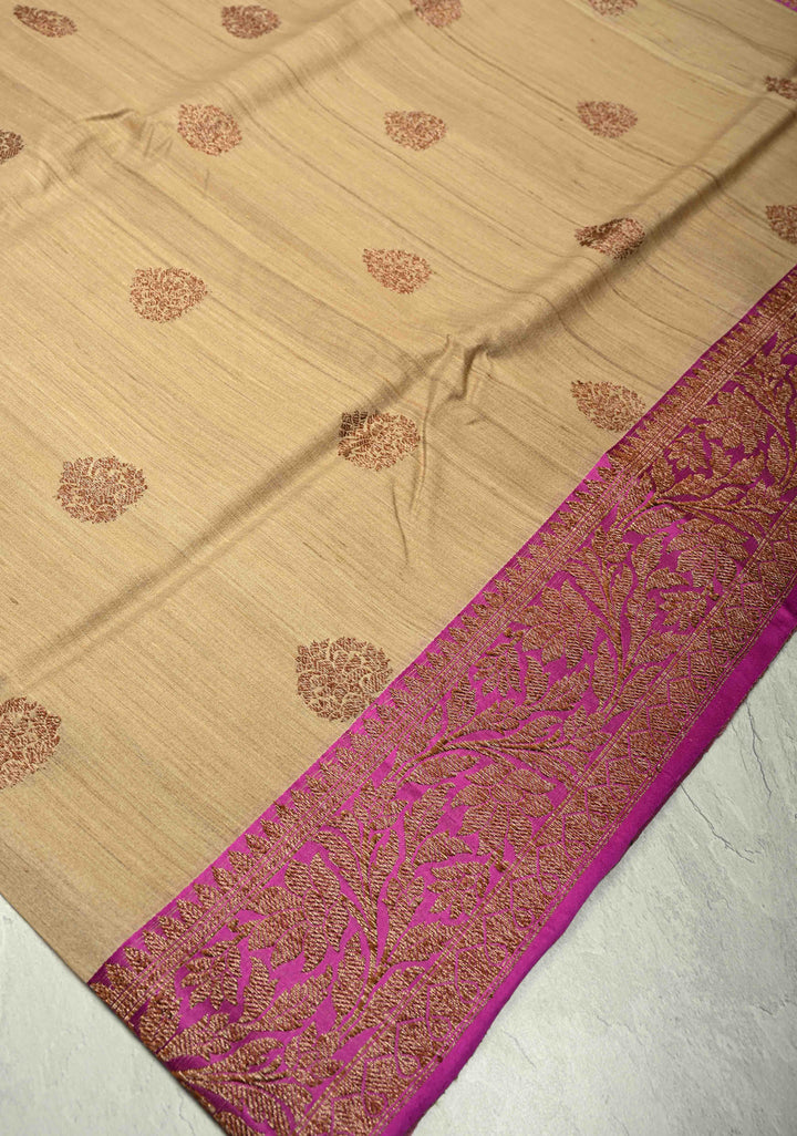 Kora Color Banarasi Tussar Silk Saree with Antique Zari Buttas and Magenta Zari Border | SILK MARK CERTIFIED