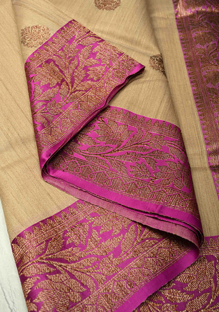 Kora Color Banarasi Tussar Silk Saree with Antique Zari Buttas and Magenta Zari Border | SILK MARK CERTIFIED