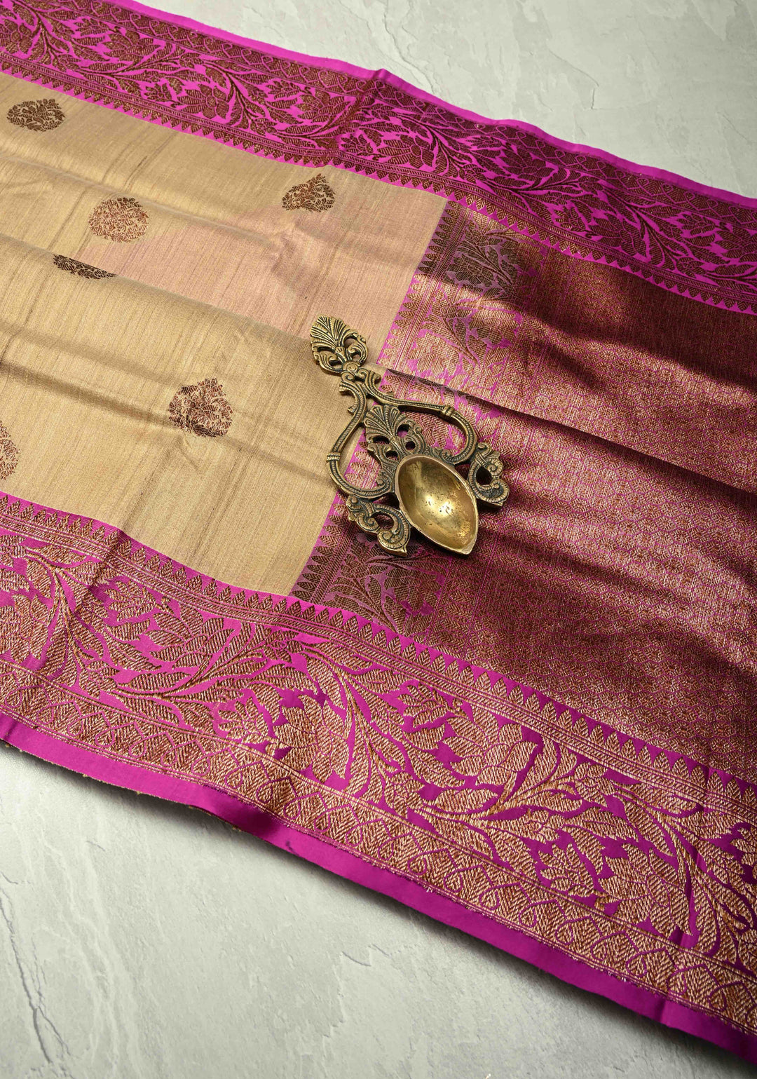 Kora Color Banarasi Tussar Silk Saree with Antique Zari Buttas and Magenta Zari Border | SILK MARK CERTIFIED