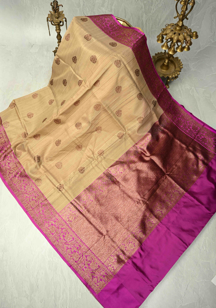 Kora Color Banarasi Tussar Silk Saree with Antique Zari Buttas and Magenta Zari Border | SILK MARK CERTIFIED