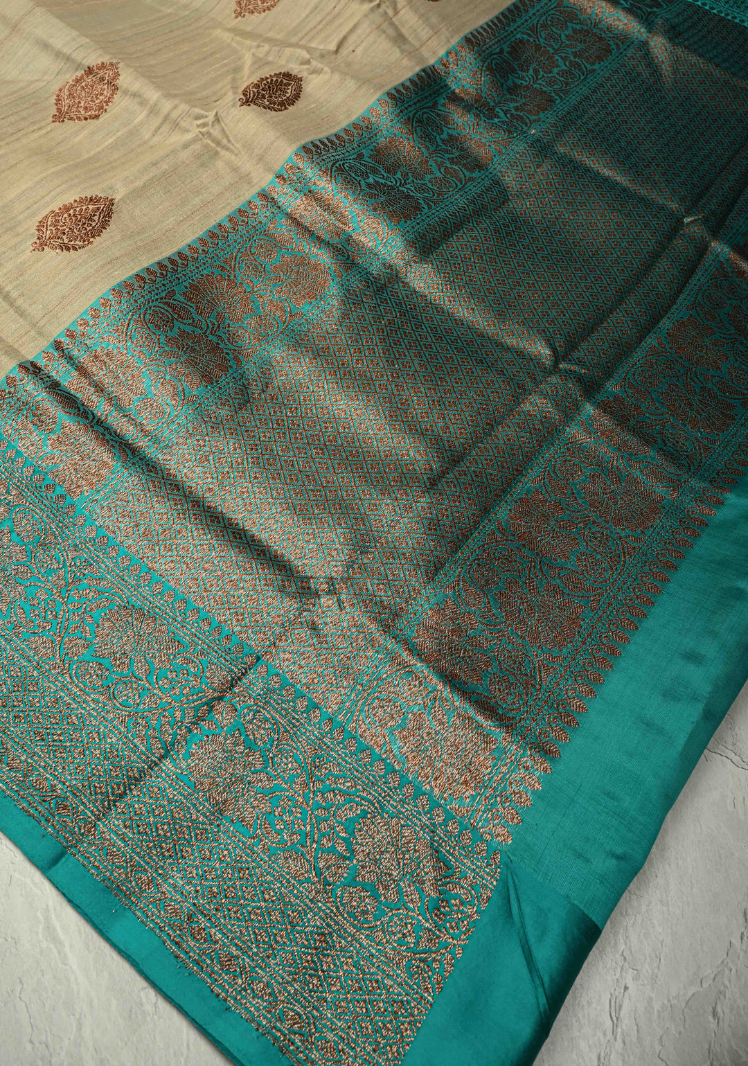 Kora Color Banarasi Tussar Silk Saree with Antique Zari Buttas and Turquoise Zari Border | SILK MARK CERTIFIED