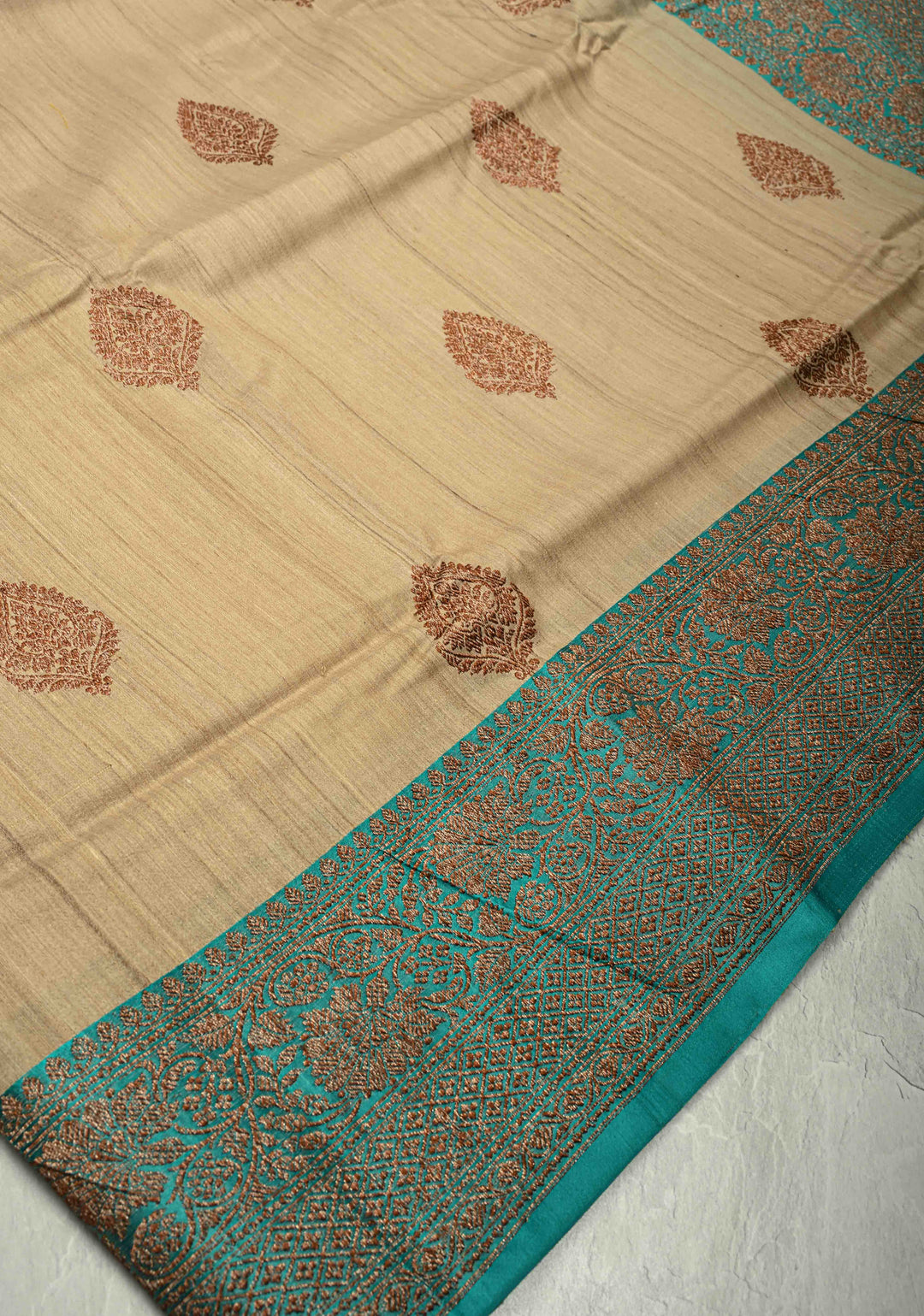 Kora Color Banarasi Tussar Silk Saree with Antique Zari Buttas and Turquoise Zari Border | SILK MARK CERTIFIED