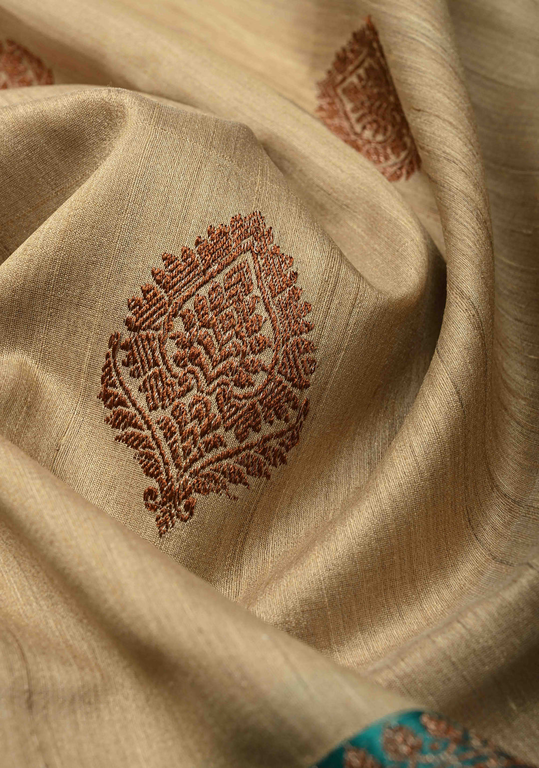 Kora Color Banarasi Tussar Silk Saree with Antique Zari Buttas and Turquoise Zari Border | SILK MARK CERTIFIED