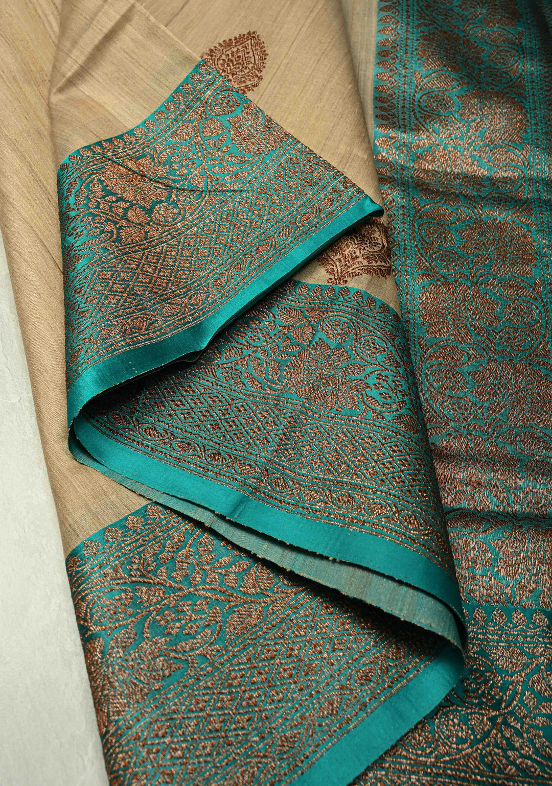 Kora Color Banarasi Tussar Silk Saree with Antique Zari Buttas and Turquoise Zari Border | SILK MARK CERTIFIED