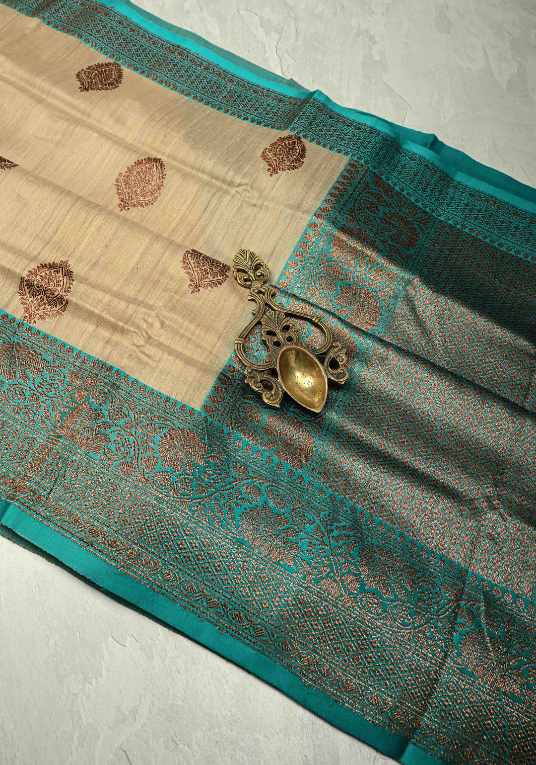 Kora Color Banarasi Tussar Silk Saree with Antique Zari Buttas and Turquoise Zari Border | SILK MARK CERTIFIED