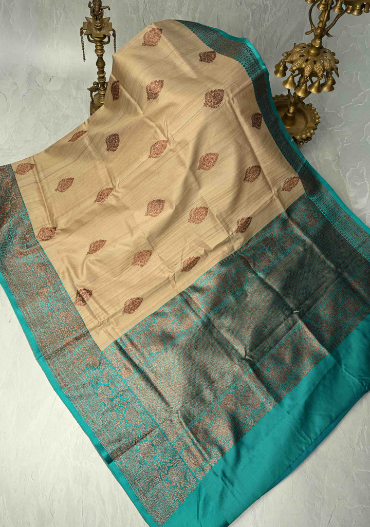 Kora Color Banarasi Tussar Silk Saree with Antique Zari Buttas and Turquoise Zari Border | SILK MARK CERTIFIED