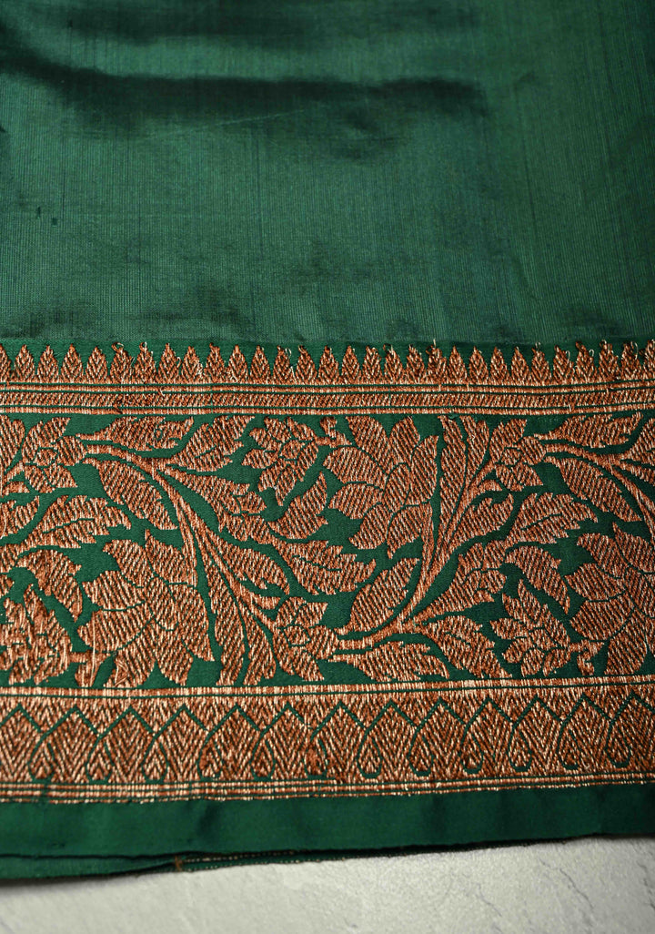 Kora Color Banarasi Tussar Silk Saree with Antique Zari Buttas and Green Zari Border | SILK MARK CERTIFIED