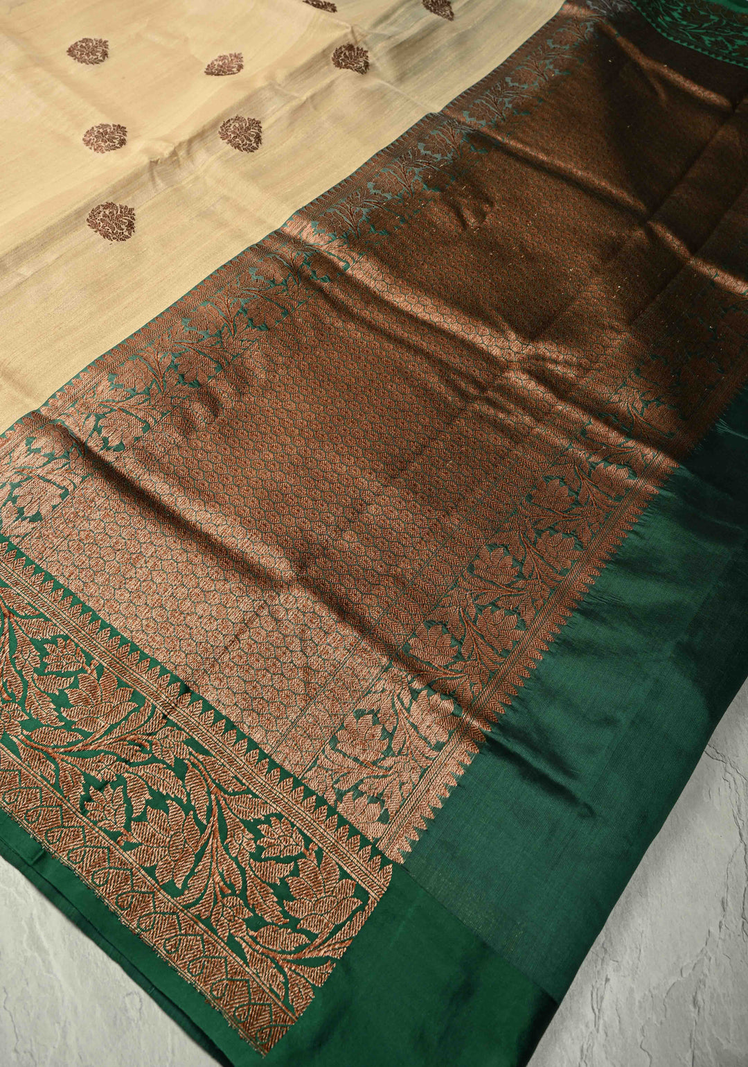 Kora Color Banarasi Tussar Silk Saree with Antique Zari Buttas and Green Zari Border | SILK MARK CERTIFIED