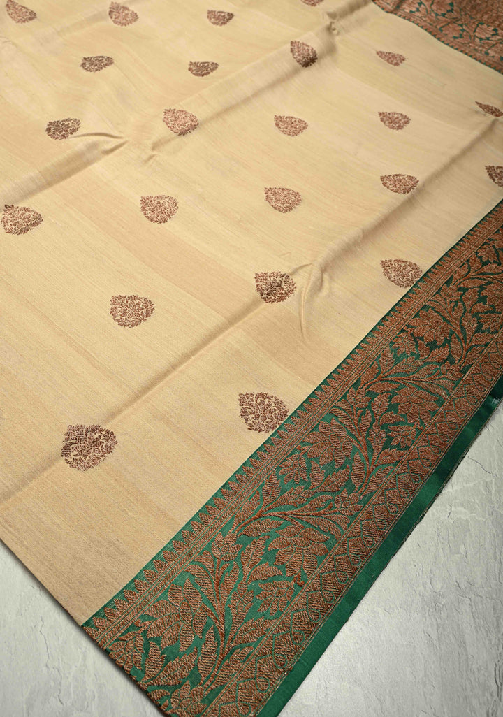 Kora Color Banarasi Tussar Silk Saree with Antique Zari Buttas and Green Zari Border | SILK MARK CERTIFIED