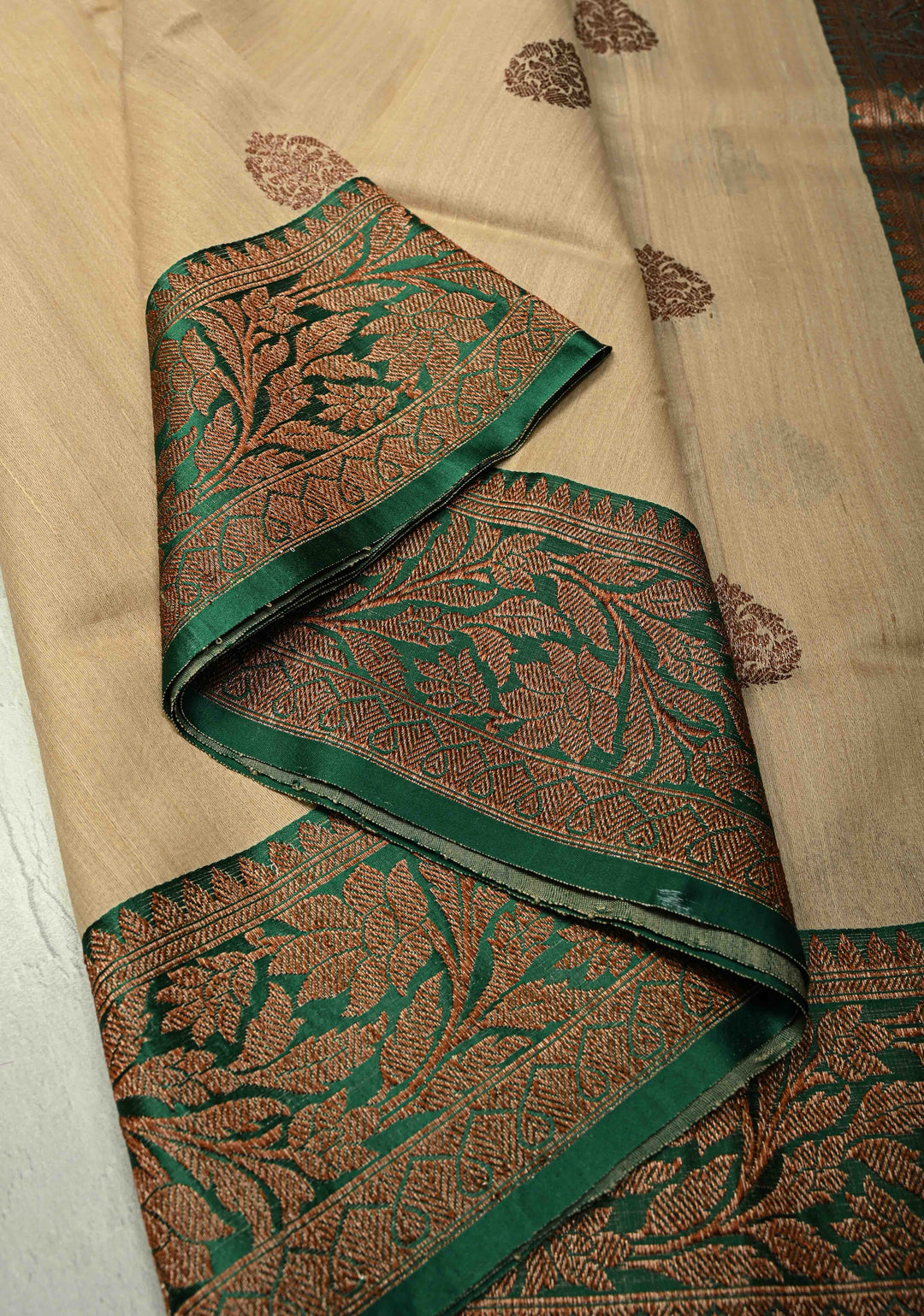Kora Color Banarasi Tussar Silk Saree with Antique Zari Buttas and Green Zari Border | SILK MARK CERTIFIED