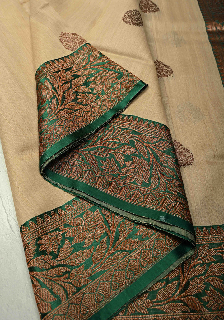 Kora Color Banarasi Tussar Silk Saree with Antique Zari Buttas and Green Zari Border | SILK MARK CERTIFIED