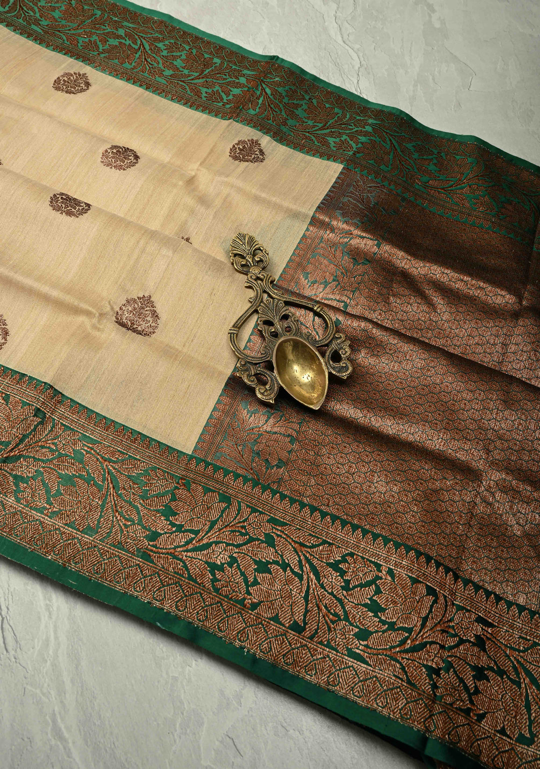 Kora Color Banarasi Tussar Silk Saree with Antique Zari Buttas and Green Zari Border | SILK MARK CERTIFIED