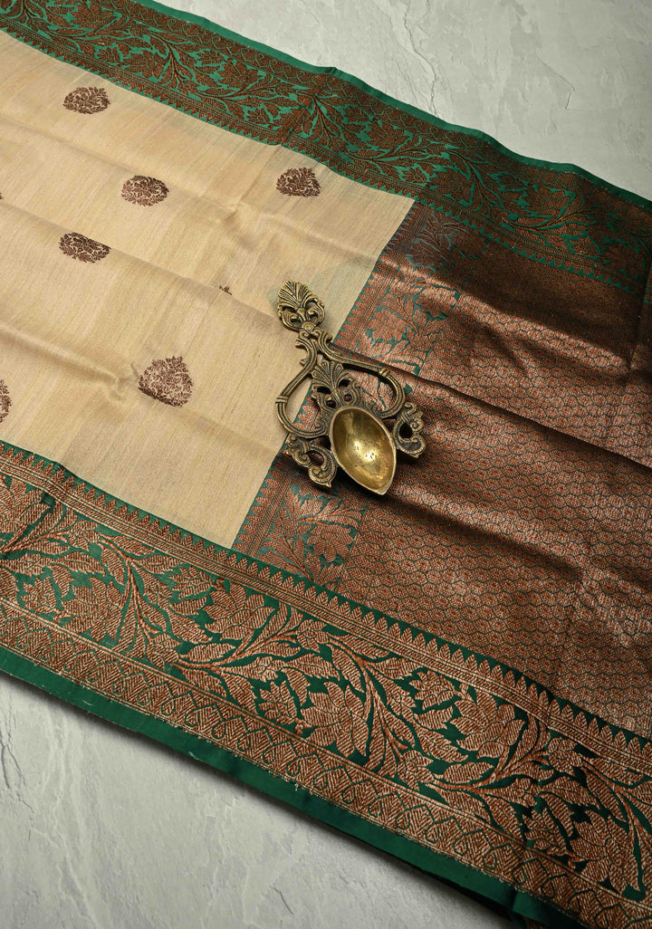Kora Color Banarasi Tussar Silk Saree with Antique Zari Buttas and Green Zari Border | SILK MARK CERTIFIED
