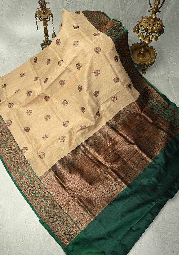 Kora Color Banarasi Tussar Silk Saree with Antique Zari Buttas and Green Zari Border | SILK MARK CERTIFIED