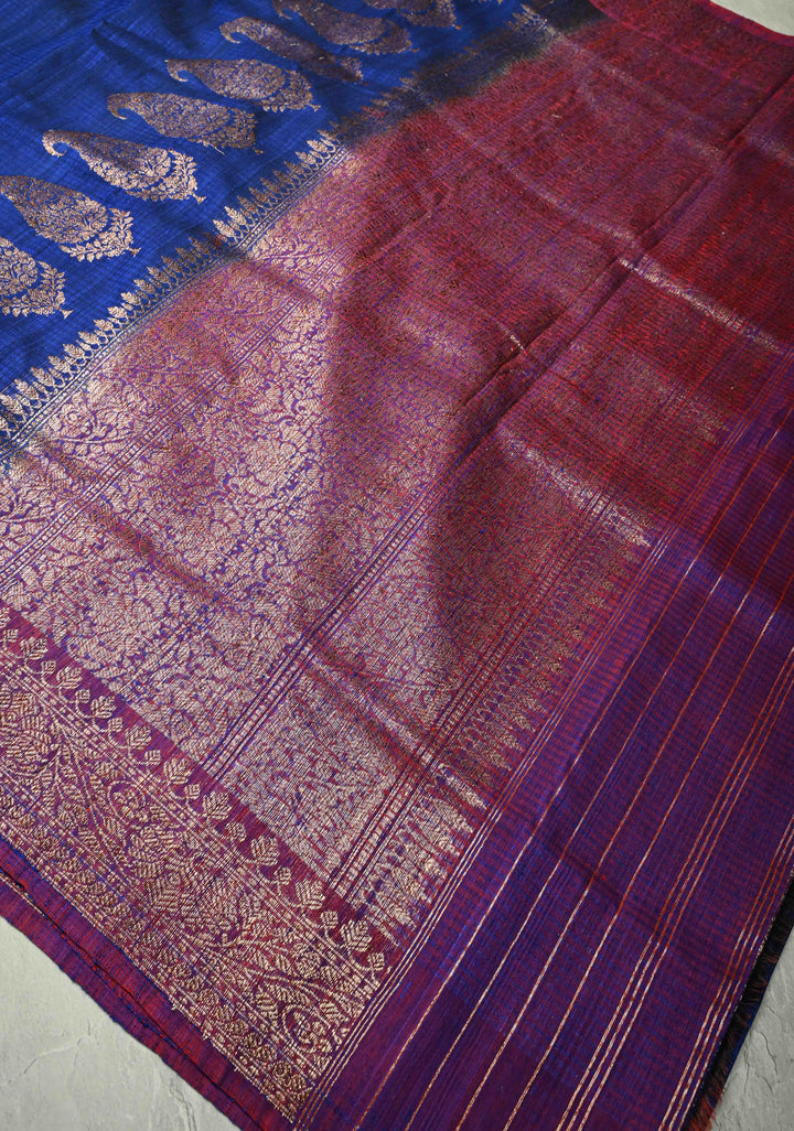 Pure Banarasi Dupion Silk Saree in Blue with Antique Zari Paisley Buttas and Zari Border | SILK MARK CERTIFIED