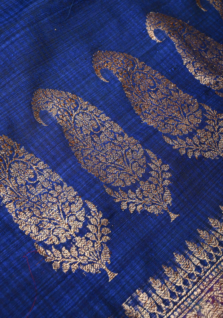 Pure Banarasi Dupion Silk Saree in Blue with Antique Zari Paisley Buttas and Zari Border | SILK MARK CERTIFIED