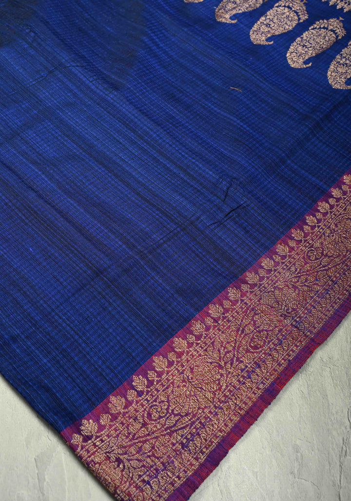 Pure Banarasi Dupion Silk Saree in Blue with Antique Zari Paisley Buttas and Zari Border | SILK MARK CERTIFIED