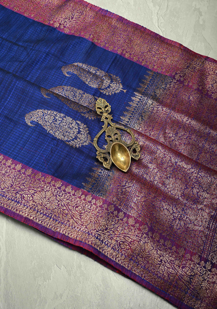 Pure Banarasi Dupion Silk Saree in Blue with Antique Zari Paisley Buttas and Zari Border | SILK MARK CERTIFIED