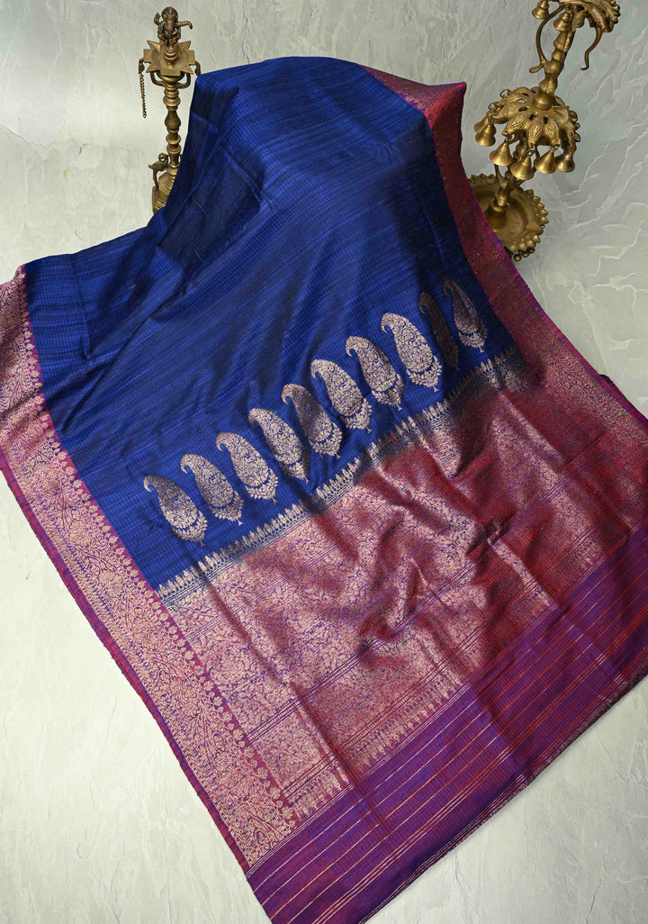 Pure Banarasi Dupion Silk Saree in Blue with Antique Zari Paisley Buttas and Zari Border | SILK MARK CERTIFIED